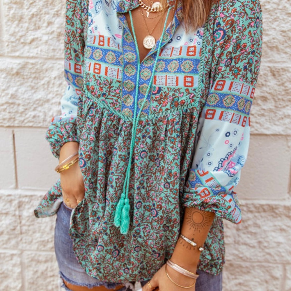 Boho Bubble Sleeve Floral Patchwork Blouse